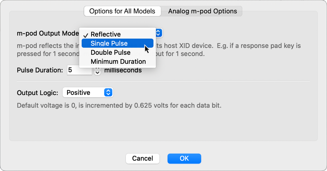 Screenshot illustrating how to change m-pod's output mode and output logic.