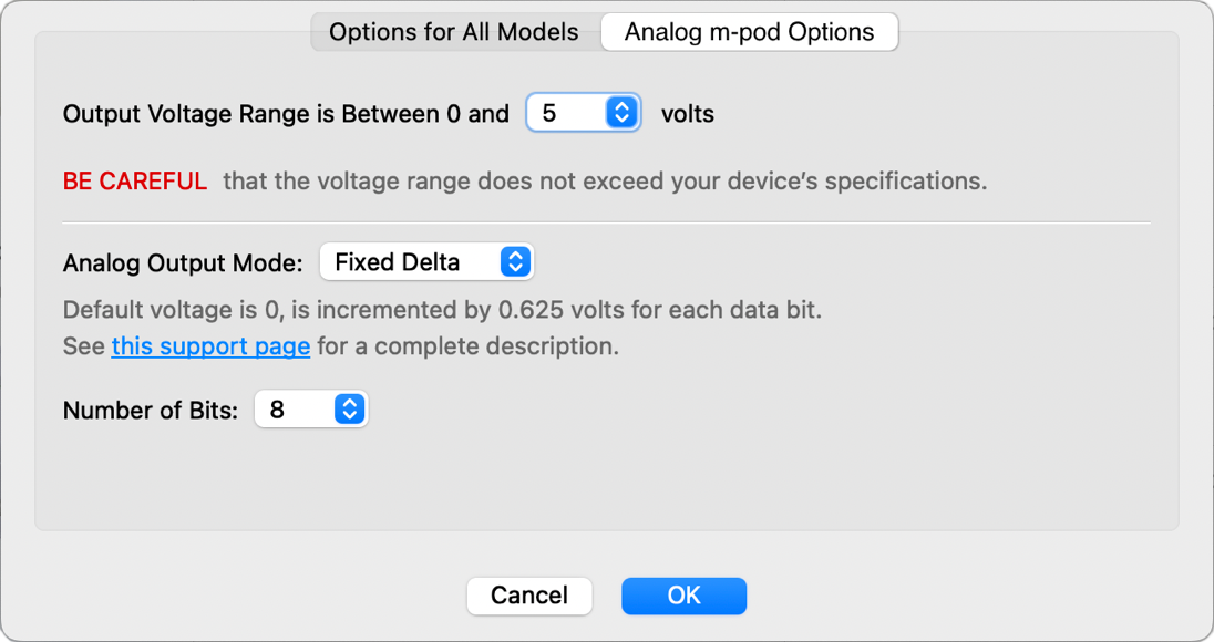 Screenshot illustrating how to change the Analog m-pod's voltage options.