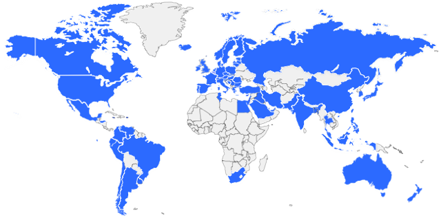 Map of the world showing over 80 countries with known users of Cedrus products.