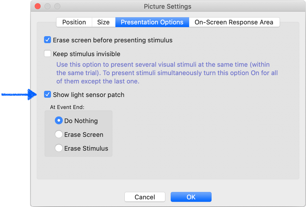 Screenshot of Presentation Options in Event Editor showing the light sensor patch feature.